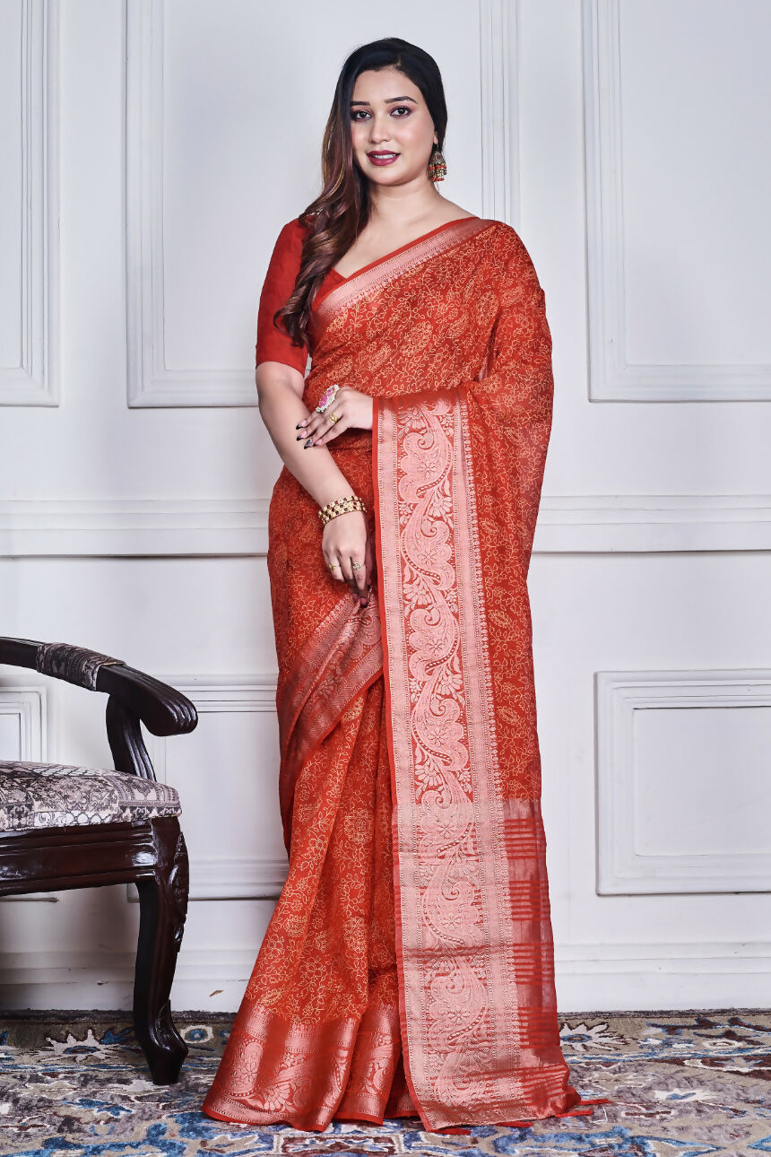 Morchari Red Script Printed Orzanga Saree Unstitched Blouse | Grocsy