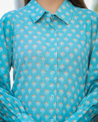 Kaajh Women's Sky Blue Printed Cotton Kurta Pant Set | Grocsy