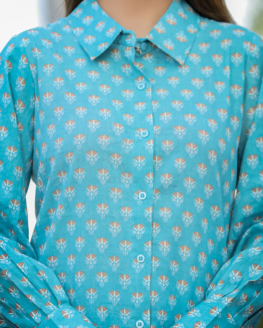 Kaajh Women's Sky Blue Printed Cotton Kurta Pant Set | Grocsy