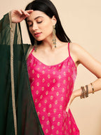 Magenta Pink and Green Polyester Printed Kurta with Trousers & Dupatta - Vishwa | Grocsy