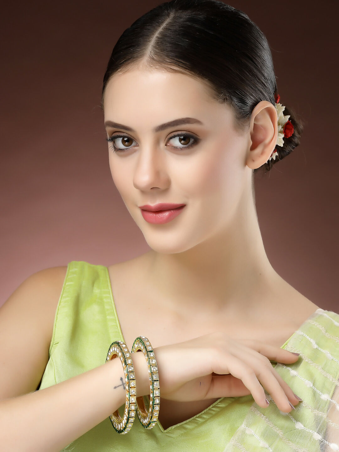 NVR Women's Set Of 2 Gold-Polished Kundan-Studded Bangles