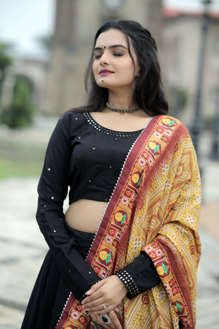 Vastranavya Navaratri Collection Gotta Patti Work & Blouse With Real Mirror Work Lehenga Choli - Black | Grocsy