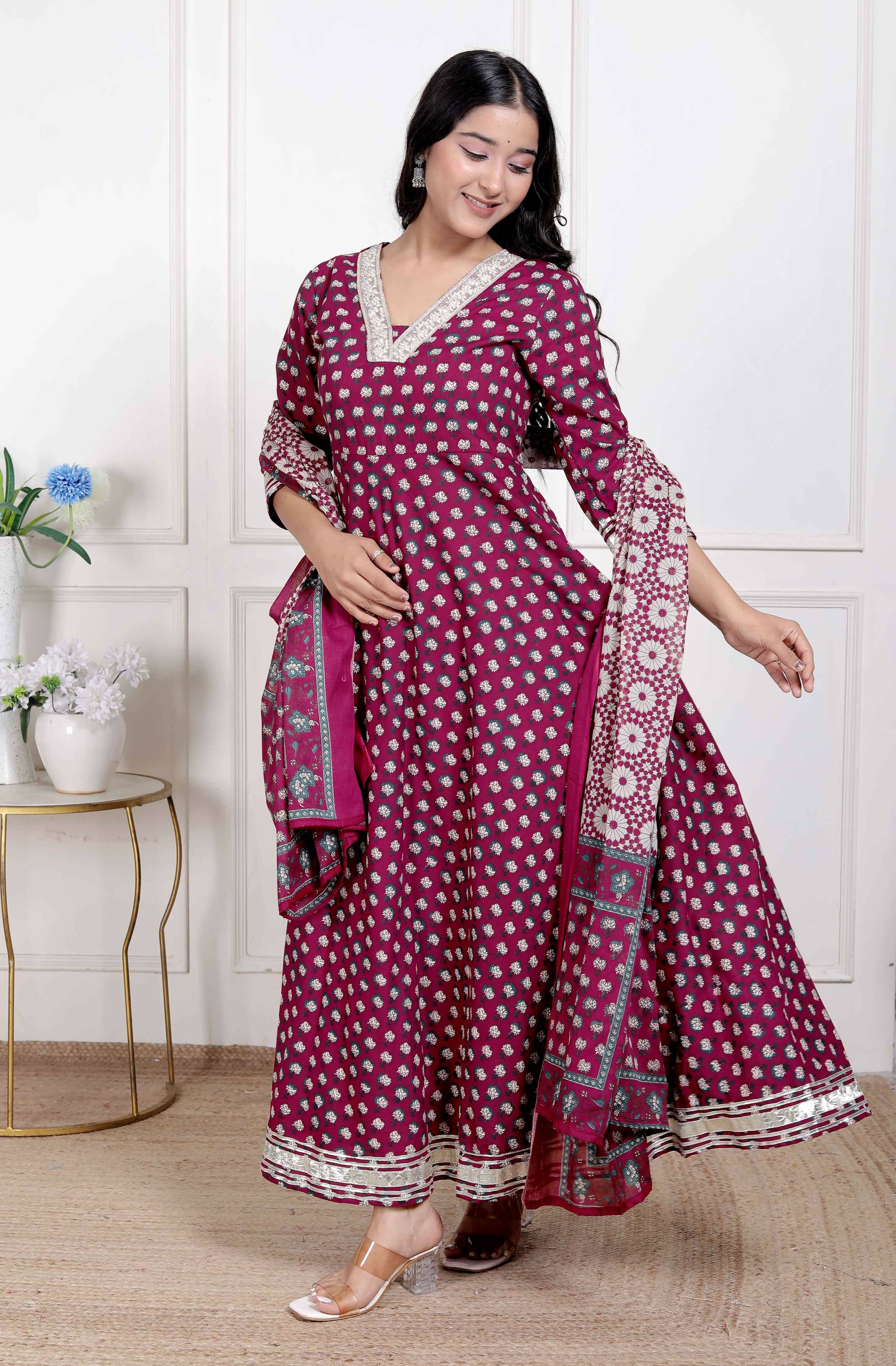 Miravan Women's Maroon embroidered Anarkali Kurta and Dupatta | Grocsy