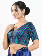 Joban Fashion Blue Multi Brocade Padded Blouse With V Neck Elbow Sleeves | Grocsy