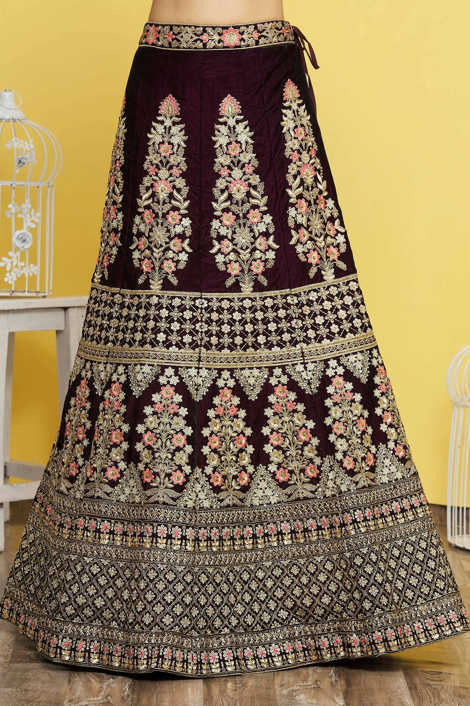 Wine Velvet Semi-Stitched Wedding Bridal Lehenga - Nimaya | Grocsy