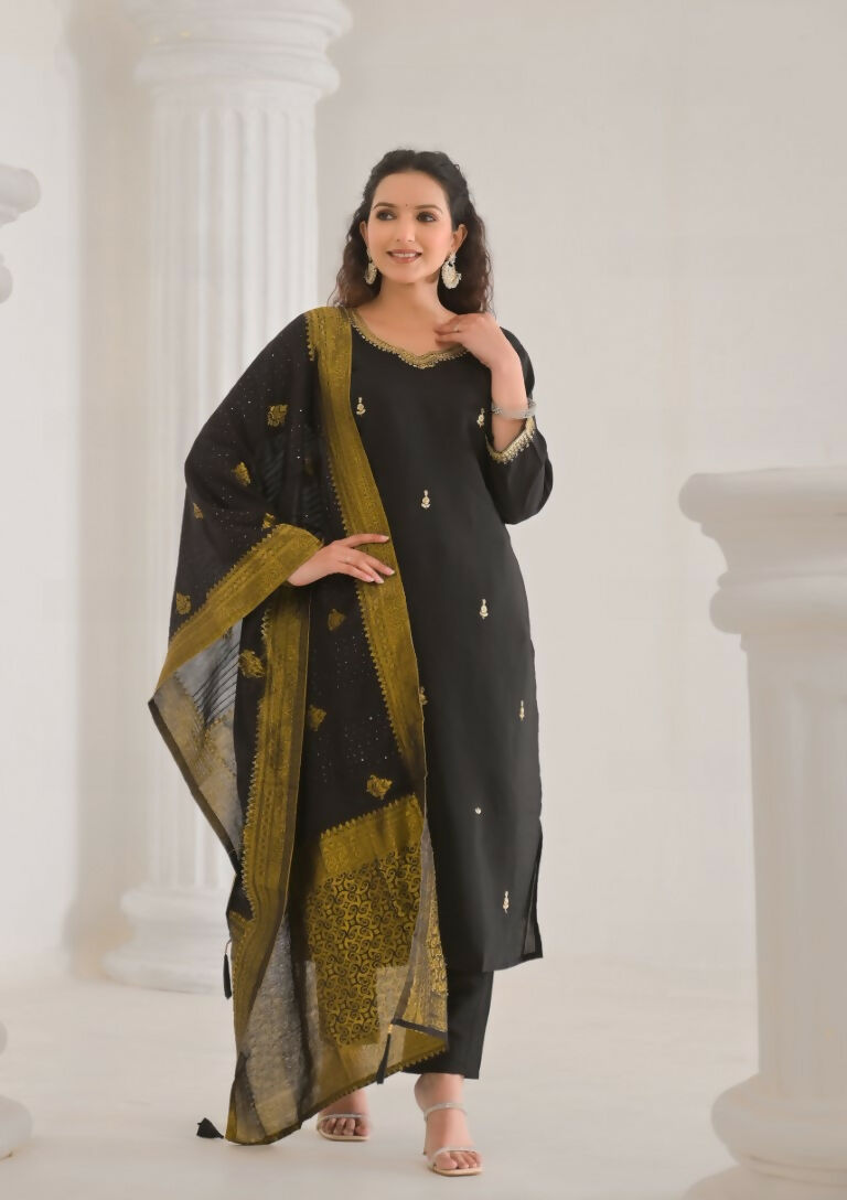 Ethnic Festive Wear Viscose Chanderi Black Stitched Suit With Dupatta - Tanisha | Grocsy