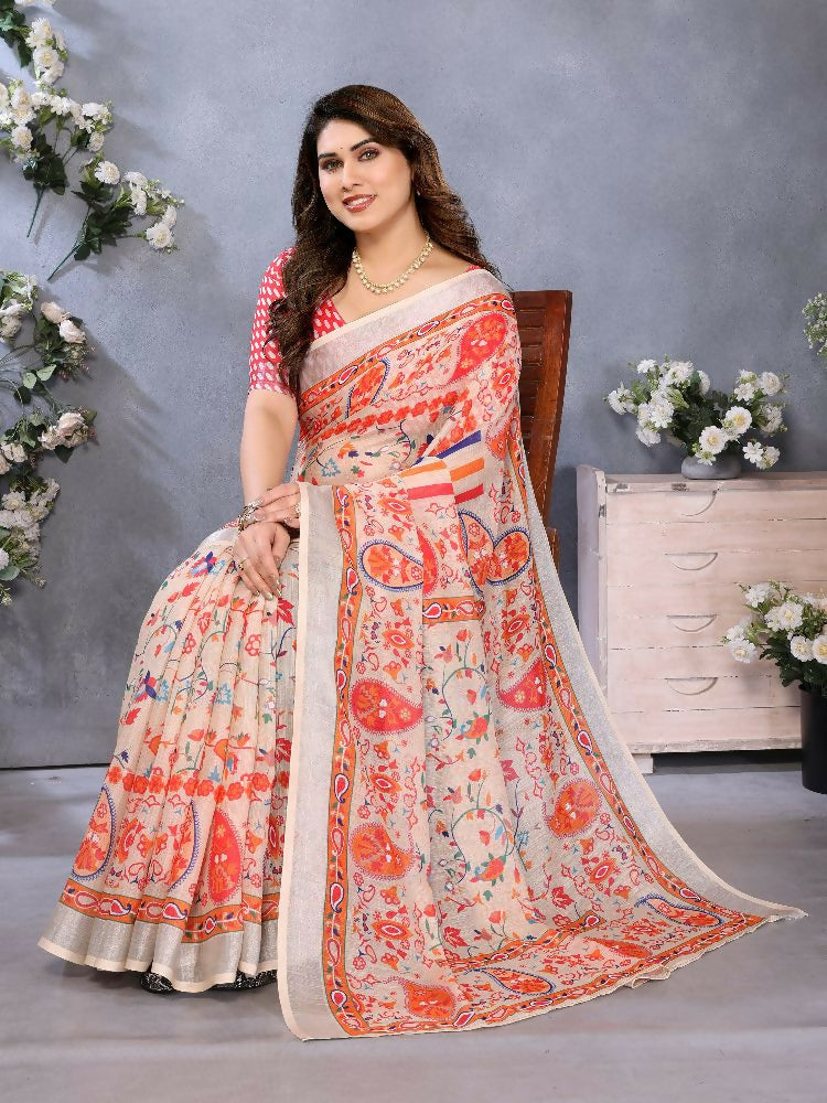 PR Fashion Orange Handloom Linen Cotton Saree | Grocsy