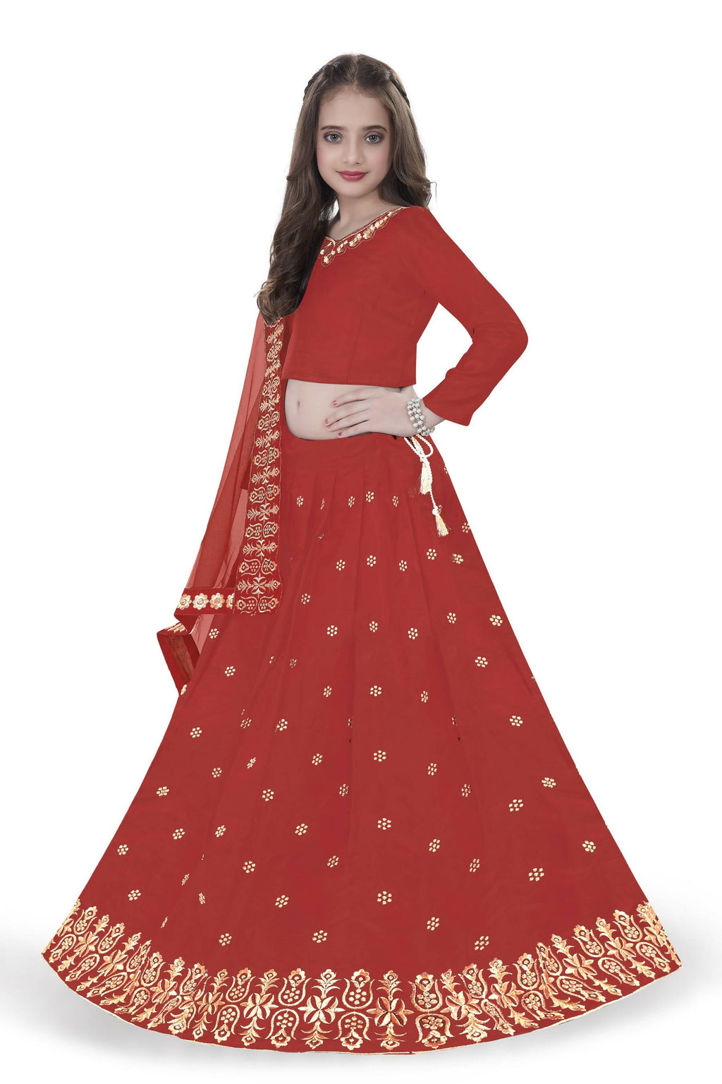 Dwiden Red Queen Tafetta Sattin Semi-Stitched Girl's Lehenga Choli | Grocsy