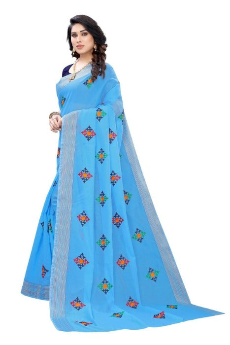 Vamika Chanderi Cotton Embroidery Blue Saree (Dixa Blue) | Grocsy