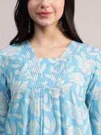 Aavyora Women's Sky Blue Floral Printed A-Line Kurta with Pintucks, Striped Pants & Dupatta Set | Grocsy