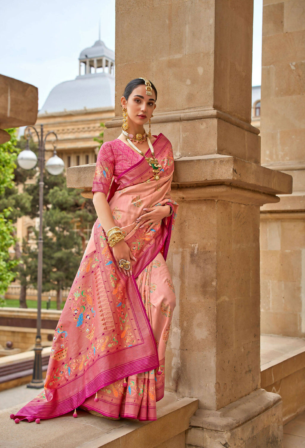 Bittersweet Peach Superior V.P.Silk Woven Printed Patola Silk Saree - Rewaa Milano | Grocsy