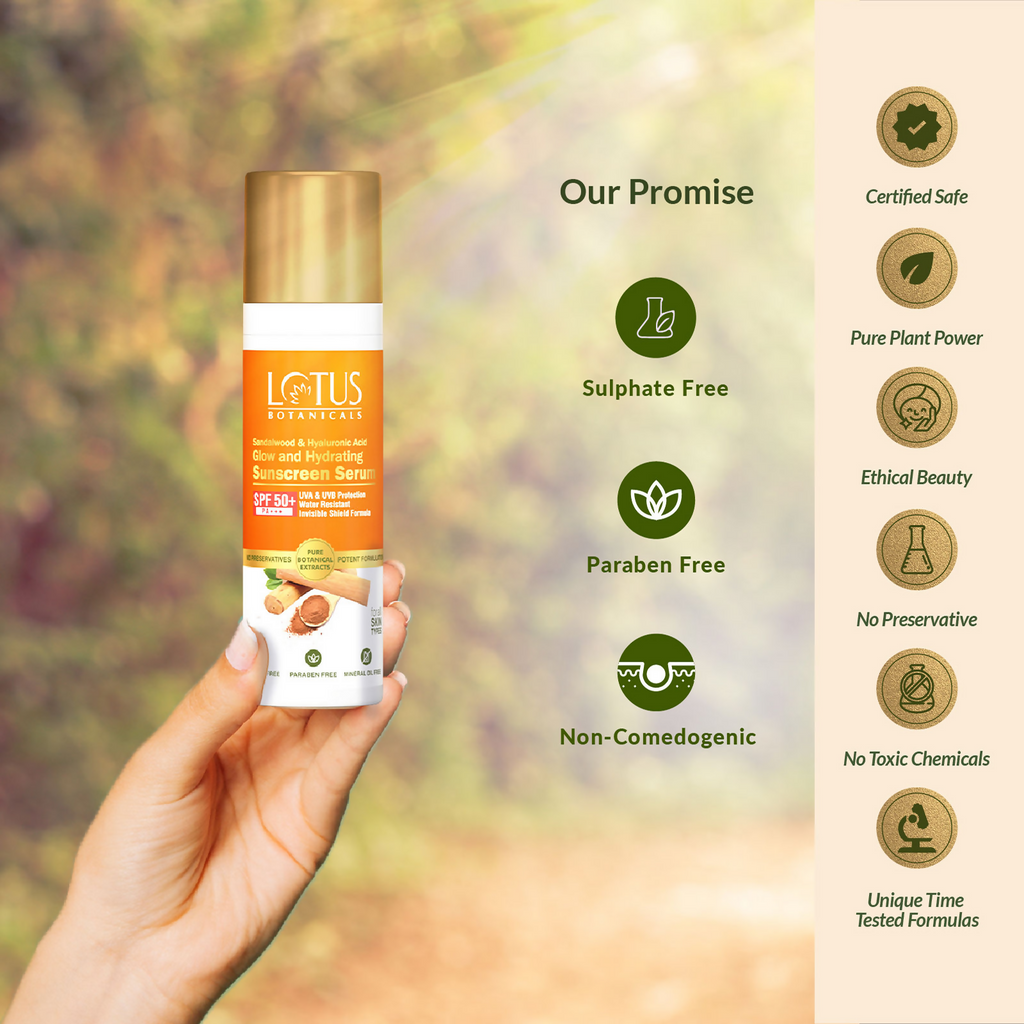 Lotus Botanicals Sandalwood & Hyaluronic Acid Glow and Hydrating Sunscreen Serum, SPF 50+, PA+++ | Grocsy