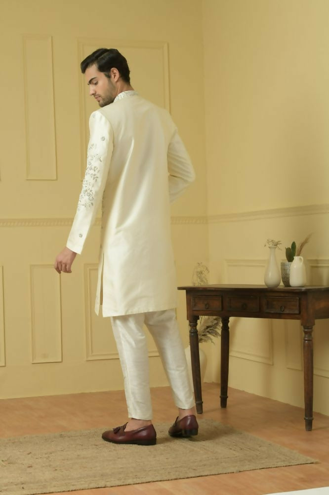 Cream Embroidered And Zardozi Work Sherwani by Hilo Design | Grocsy