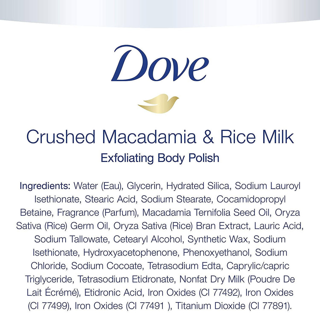 Dove Crushed Macadamia & Rice Milk Moderate Exfoliating Body Scrubating Body Polish Scrub | Grocsy