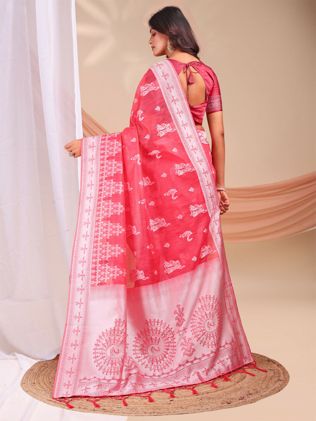 Shree Shyam Fashion Varnika Pink Linen Cotton Saree | Grocsy
