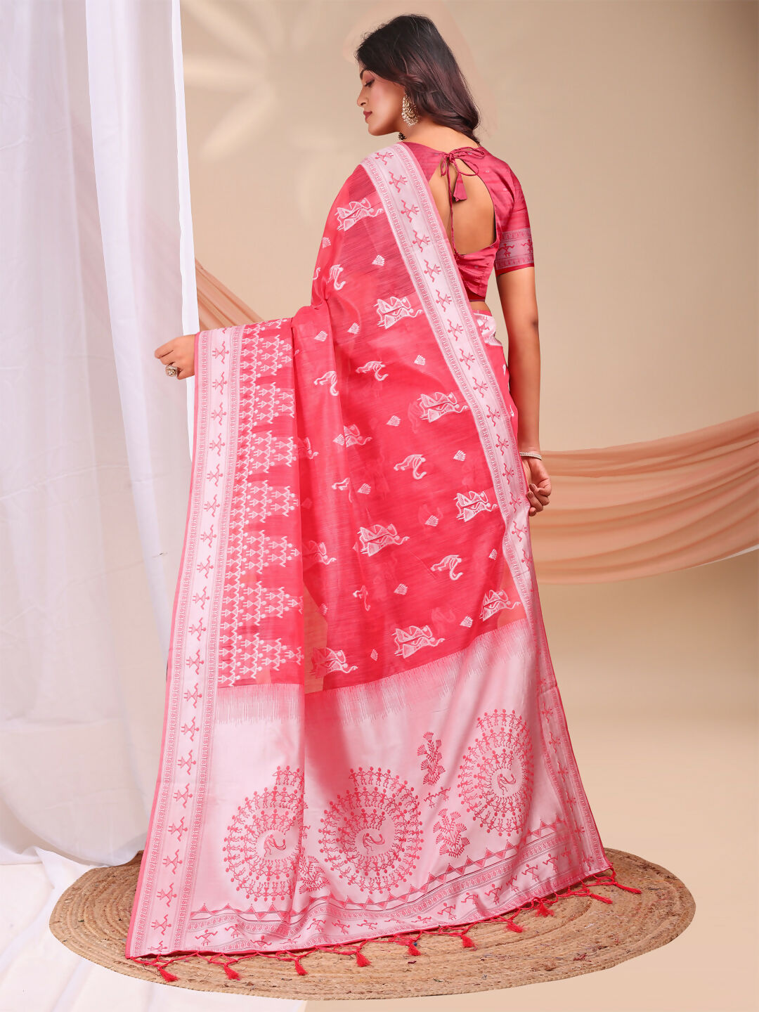 Shree Shyam Fashion Varnika Pink Linen Cotton Saree | Grocsy
