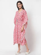 Myshka Women's Pink Polyester Printed Full Sleeve V Neck Casual Kaftaan | Grocsy