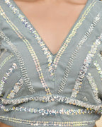 Amodini Designer Studio Teal Sequined Pearl Cutdana Sleeveless Padded Blouse | Grocsy