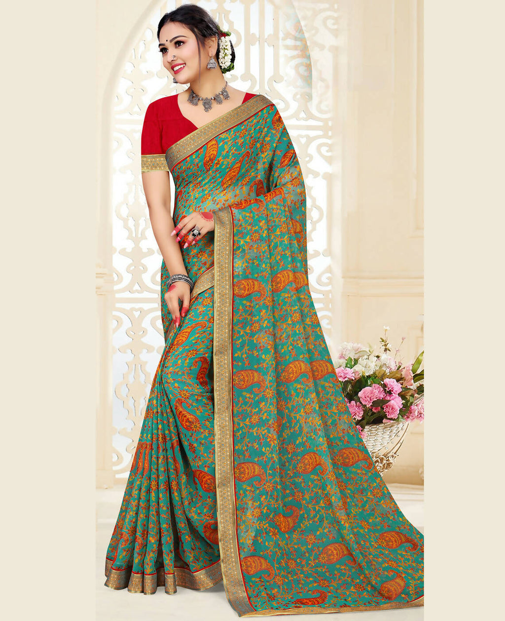 Sea Green Chiffon Brasso Printed Saree With Unstitched Blouse Piece - Jyoti | Grocsy
