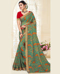 Sea Green Chiffon Brasso Printed Saree With Unstitched Blouse Piece - Jyoti | Grocsy