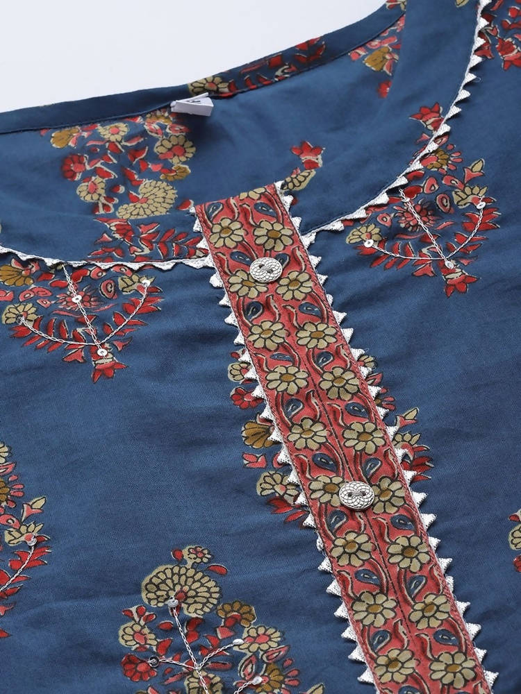 Yufta Women Blue and Red Ethnic Motifs Pure Cotton Kurta with Trouser and Dupatta | Grocsy