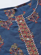 Yufta Women Blue and Red Ethnic Motifs Pure Cotton Kurta with Trouser and Dupatta | Grocsy