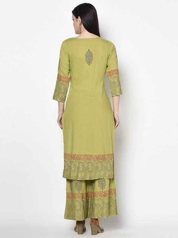 Aniyah Rayon Parrot Green Color Block Print Straight Kurta (AN-198K) | Grocsy