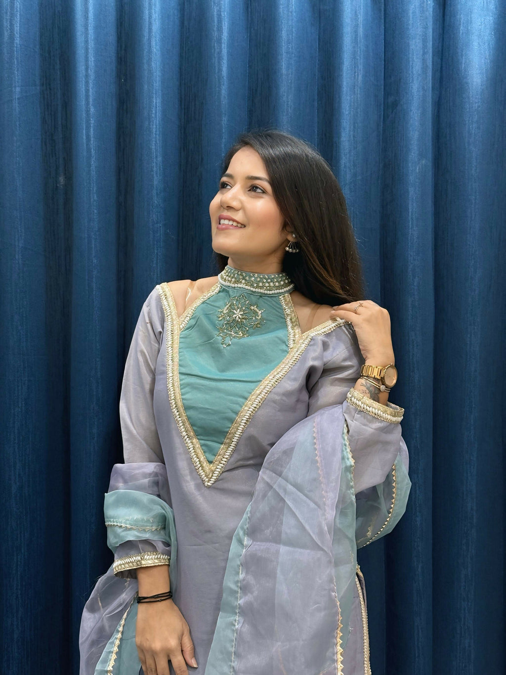 Anaita Blue Roman Shimmer Readymade Kurti Set with Designer Handwork | Grocsy