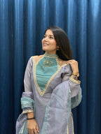 Anaita Blue Roman Shimmer Readymade Kurti Set with Designer Handwork | Grocsy