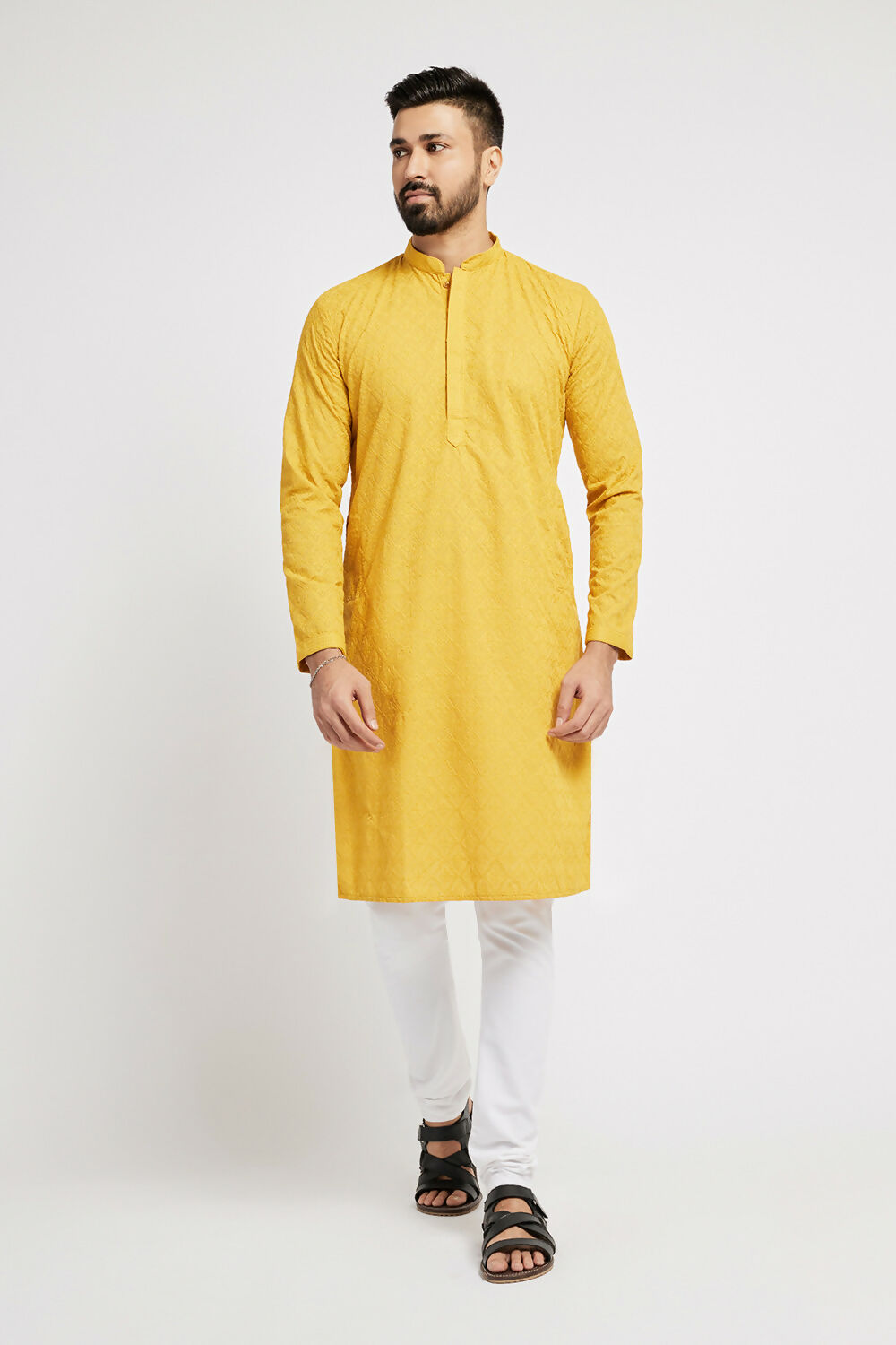 Ethnic India Yellow Men's Kurta Ethnic Motifs Cotton | Grocsy