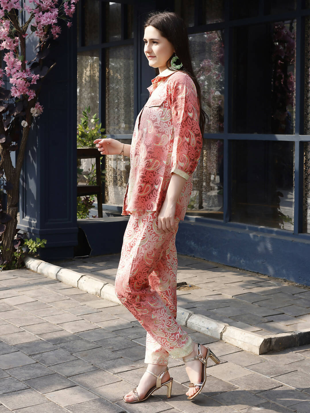 Red & Cream Rayon Paisley Printed Top with Matching Bottom - Eesha | Grocsy