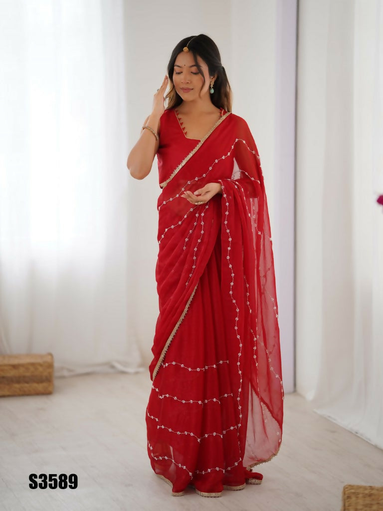 Red Sitara Chiffon Designer Beads Moti,Val Sequence Work Saree - Noorie | Grocsy