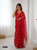 Red Sitara Chiffon Designer Beads Moti,Val Sequence Work Saree - Noorie | Grocsy