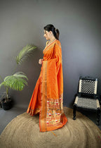 Joban Fashion Orange Butti Woven Soft Lichi Silk Paithani Saree | Grocsy