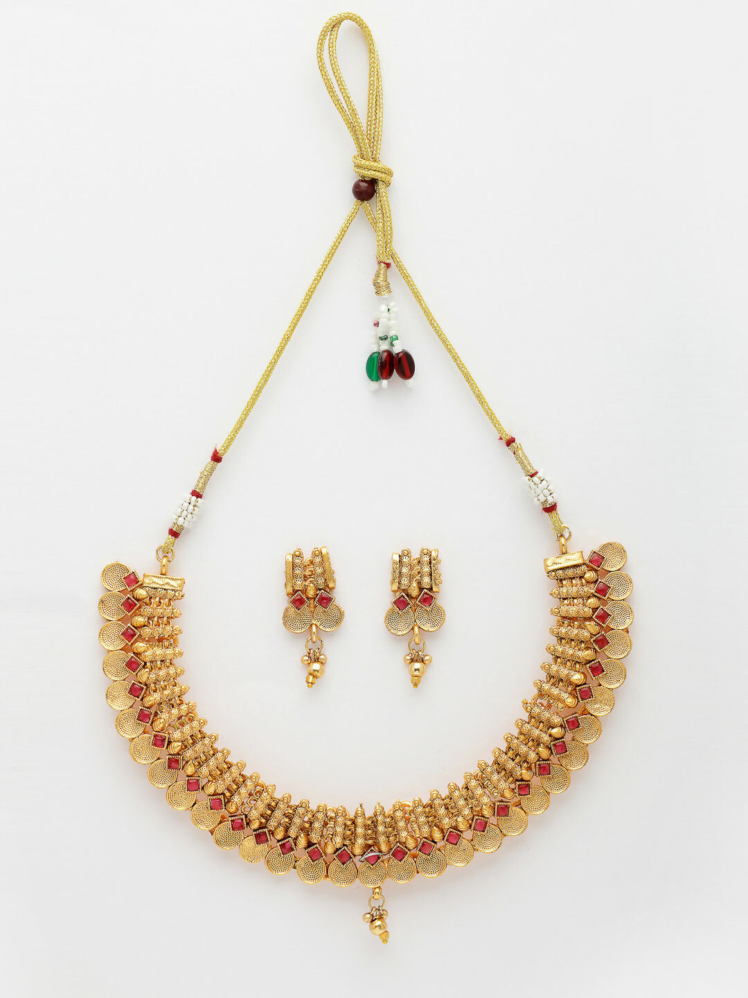 NVR Women Gold-Polished Pink Stone Studded Handcrafted Temple Jewellery Set | Grocsy