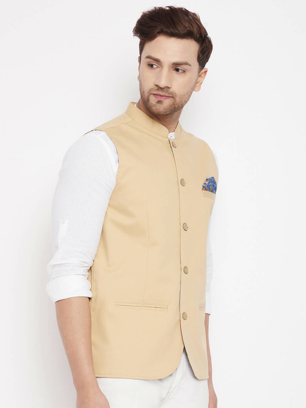 Even Apparels Beige Polyester Men's Nehru Jacket-Contrast Lining-Inbuilt Pocket Square | Grocsy
