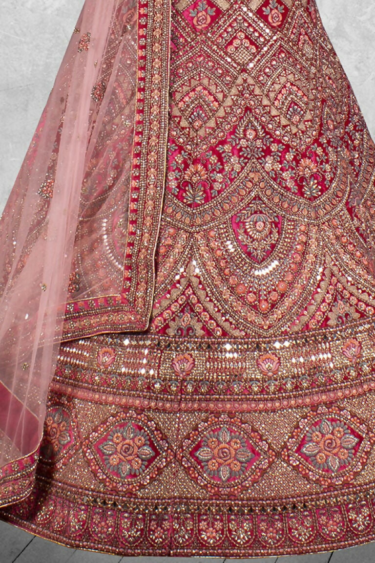 Red Velvet Pure Mirror Work Semi Stitched Lehenga Choli with Dupatta - Nimaya Lagnotsav | Grocsy