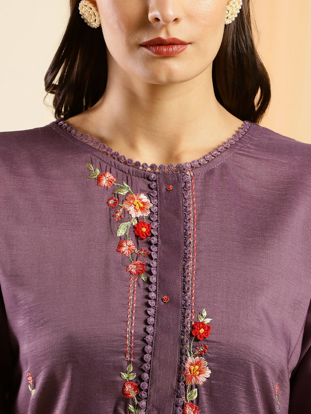 Purple Chinon Embroidered Straight Kurta with Trouser & Dupatta - Salimar | Grocsy