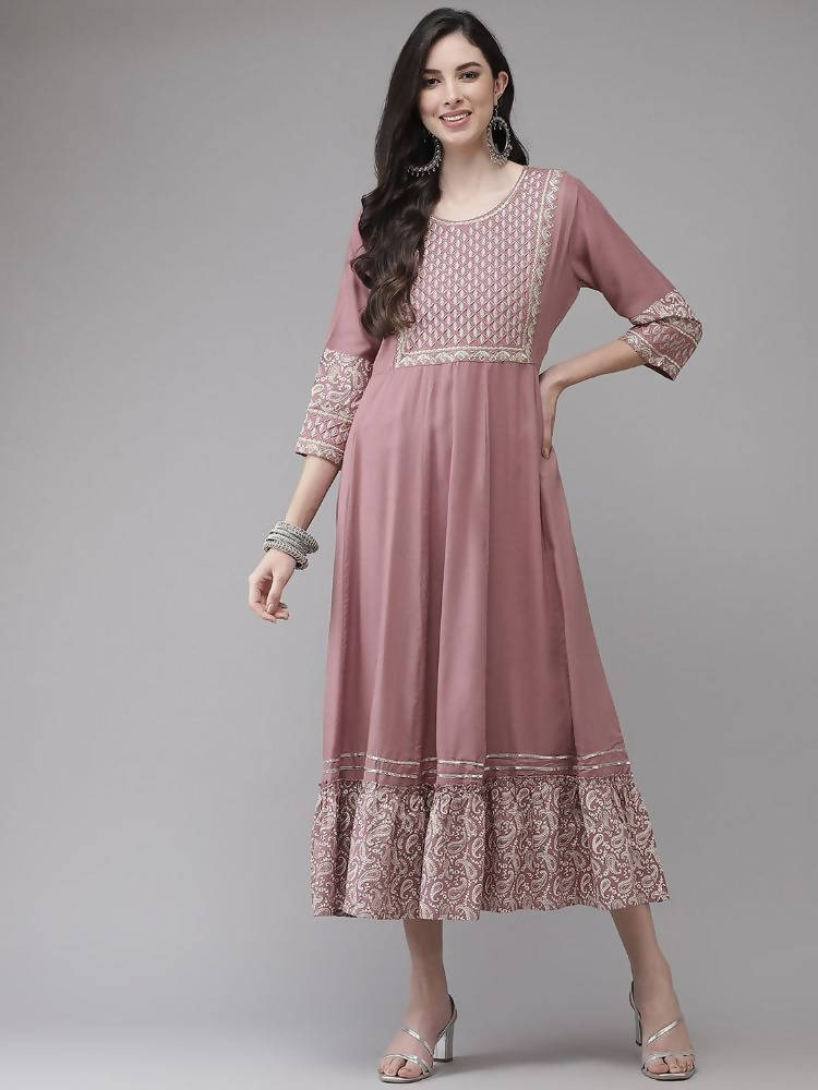 Yufta Pink Embroidered Ethnic Midi Dress | Grocsy
