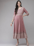 Yufta Pink Embroidered Ethnic Midi Dress | Grocsy