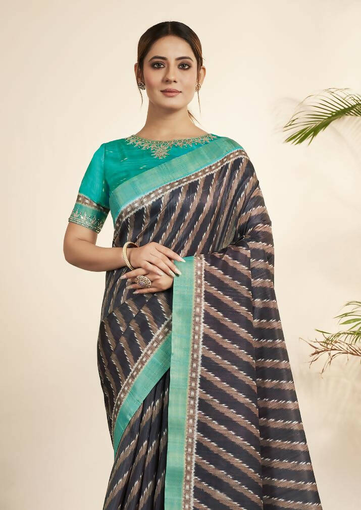 Navy Blue Bhagalpuri Silk Stripe printed with Stone Work & Hand Work Saree - Norita Nirvi | Grocsy