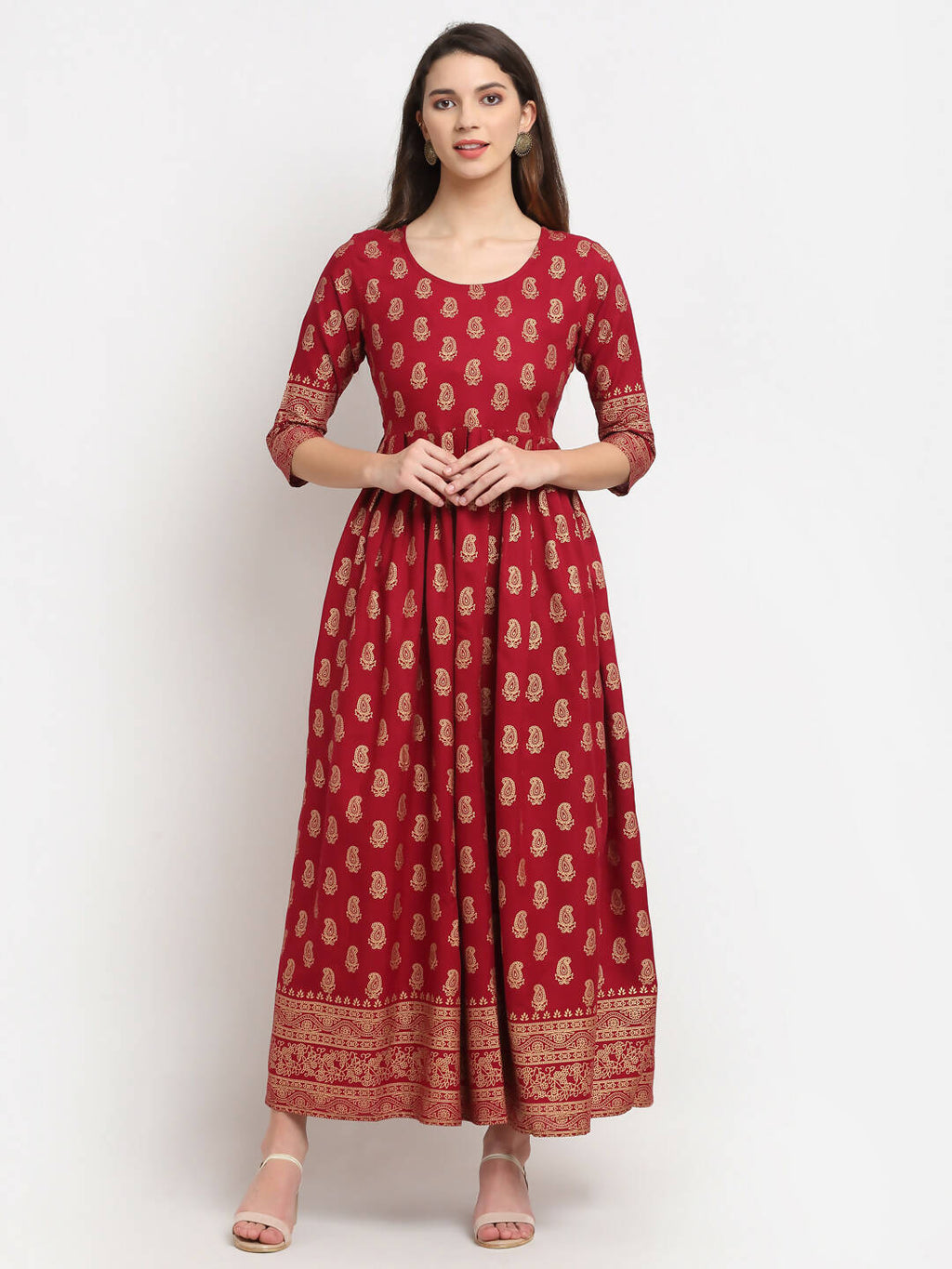 Rudra Bazaar Gold Printed A-Line Kurti | Grocsy