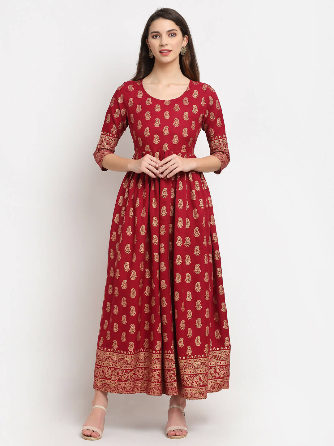 Rudra Bazaar Gold Printed A-Line Kurti | Grocsy
