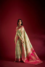 Joban Fashion Cream & Sea Green Plain With Weaving Border Banarasi Silk Sarees | Grocsy