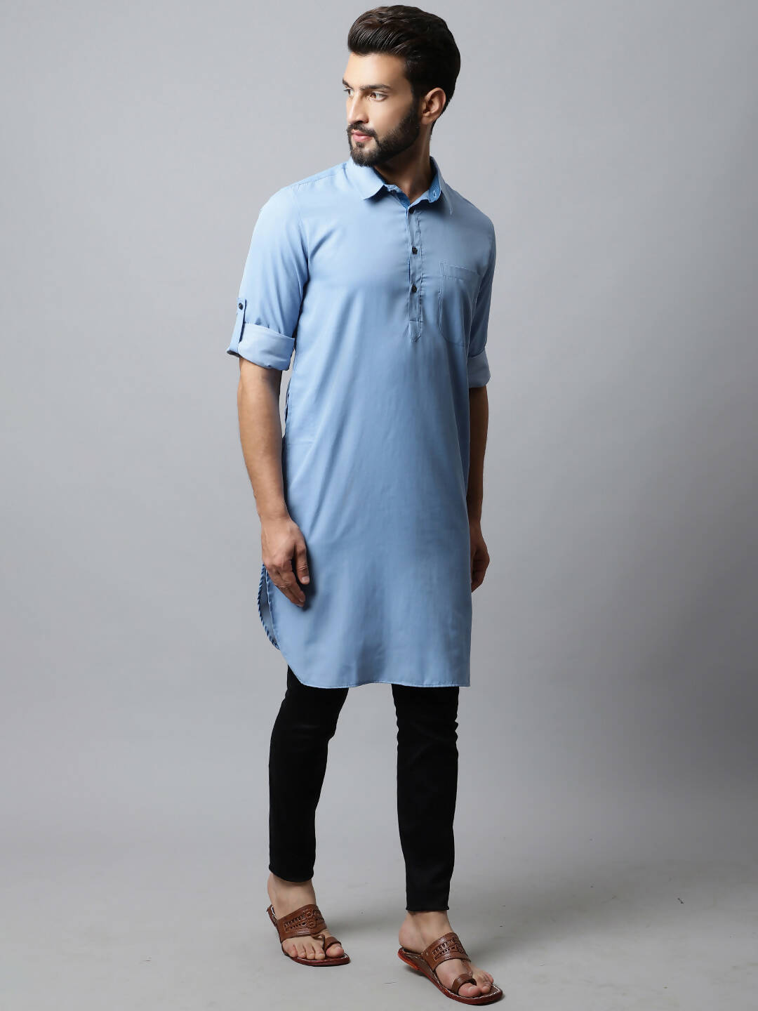 Even Apparels sky Blue Color Pure Cotton Solid Men's Kurta With Shirt Collar (MMS503) | Grocsy