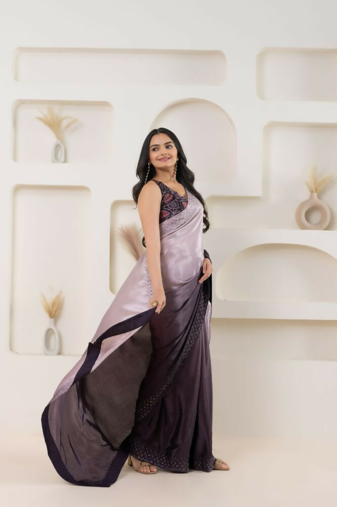 Wine Satin Pedding Designer, Printed Party Wear Ready To Wear Saree - Femina | Grocsy