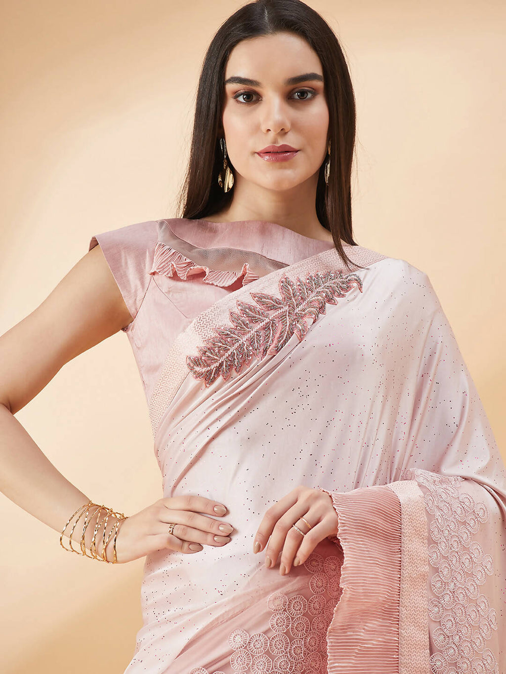 Pink Lycra Frill Details, Hand Embroidered Brooch Saree - Norita Hit Design | Grocsy
