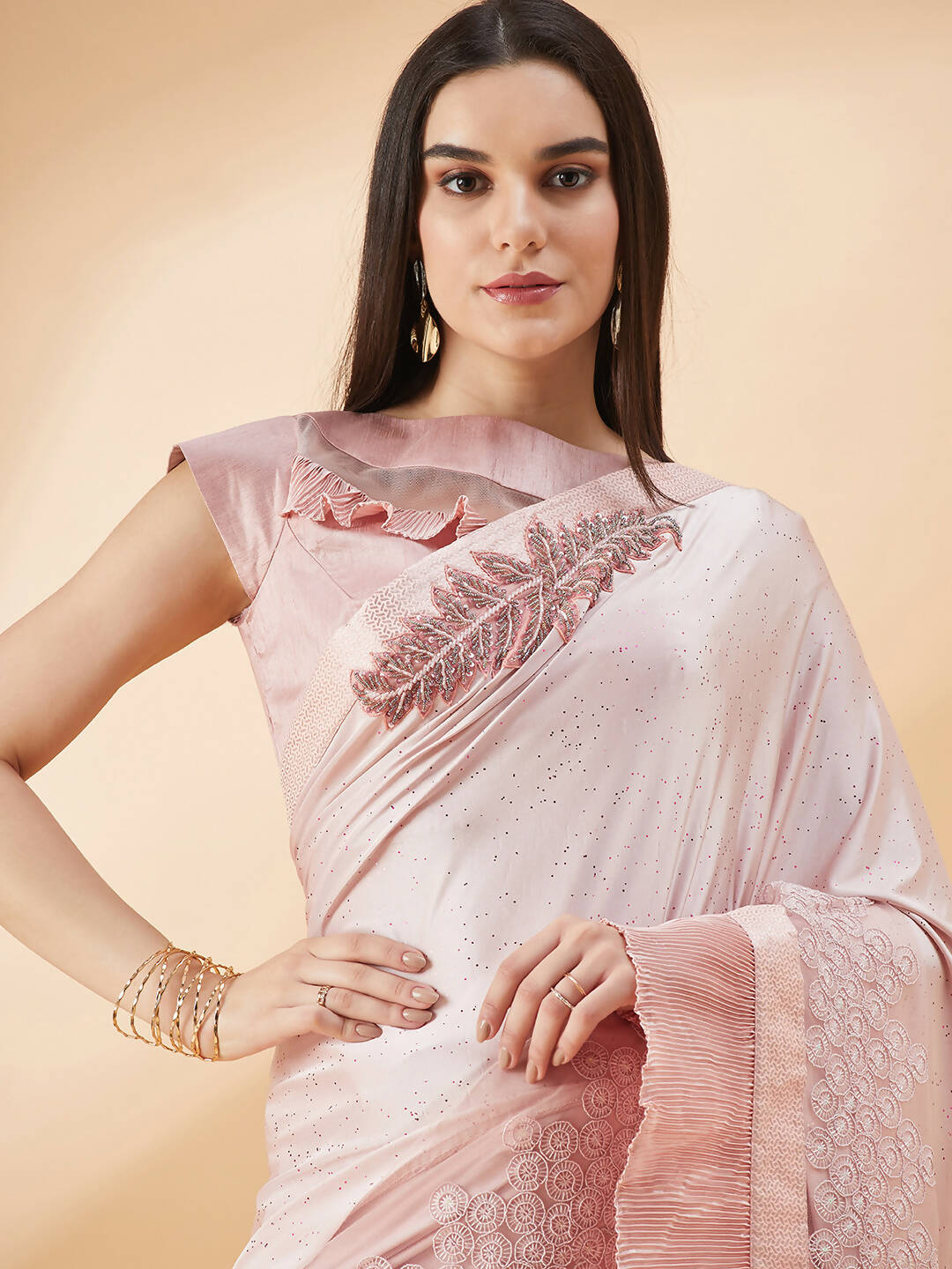 Pink Lycra Frill Details, Hand Embroidered Brooch Saree - Norita Hit Design | Grocsy