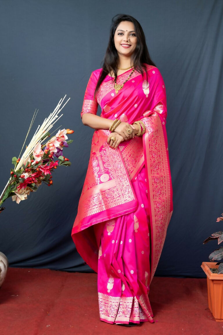 Jyoti Fashion Women's Pink Paithani Silk Zari Woven Saree with Blouse | Grocsy
