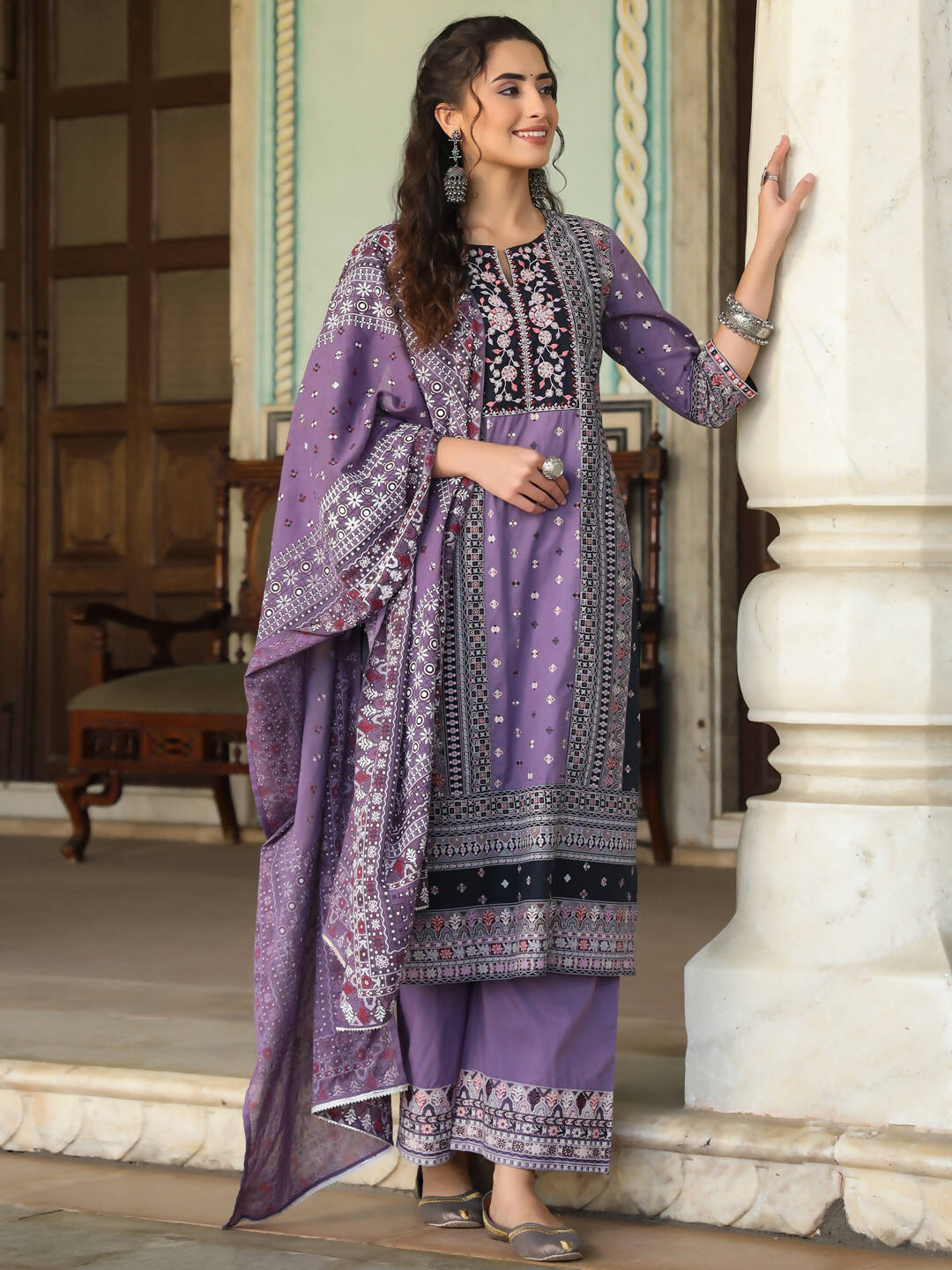 Juniper Women's Lavender Cambric Geometric Printed Mix And Match Kurta Palazzo And Dupatta Set | Grocsy